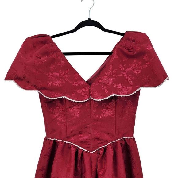 Vtg 80s Handmade Red Floral Jacquard Dress Sz M Fit & Flare Victorian Revival - Picture 3 of 9